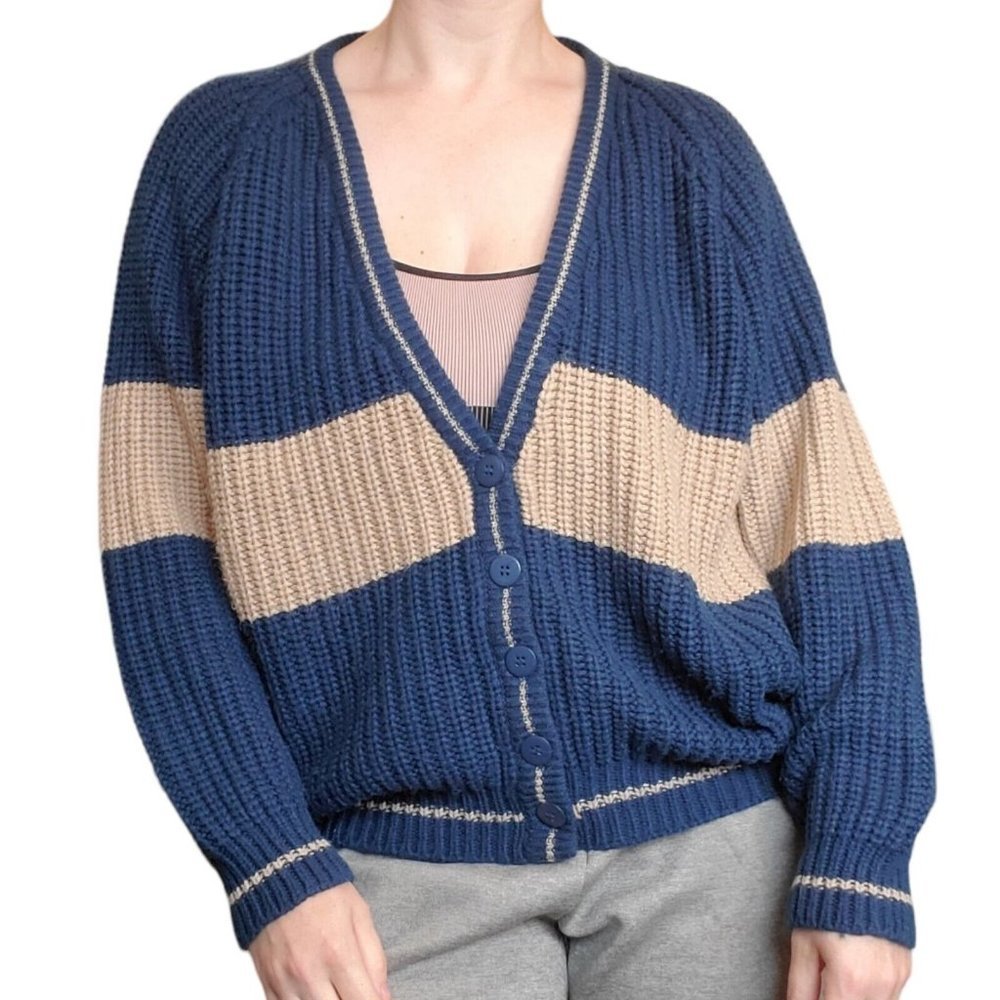 Vintage 80s‎ 90s Navy Blue Chunky Oversized Cardigan Sweater Ribbed Striped M/L